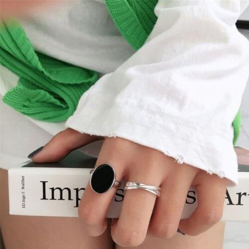 VENTFILLE 925 Sterling Silver Geometric Oval Black Zircon Double Circle Cross Ring Female Fashion Creative Party Couple