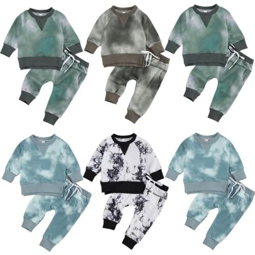 0-24M Newborn Baby Boys Tie-Dye Clothes Sets Long Sleeve Printed Pullover Sweatshirt Tops Pants 2pcs
