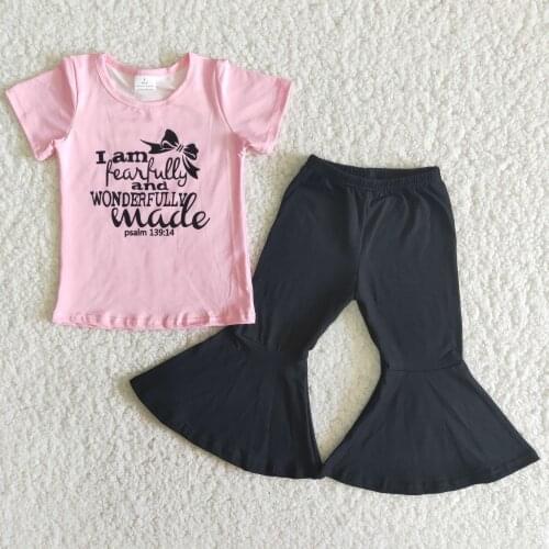 Kids bell bottom pants black trousers toddle girl clothes spring pink letter print boutique children clothing outfits RTS