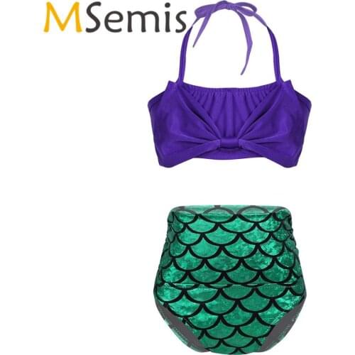 Kids Girls Tankini Mermaid Swimsuit Two Pieces Swimwear Halter Swimsuit Tops with Bottoms Childrens Surfing Bathing Suit Set