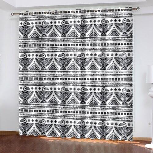 Home Blackout Decorative Curtain Living Room Bedroom Black Silk Cloth Grommet Top Curtains Black and White Pattern Print