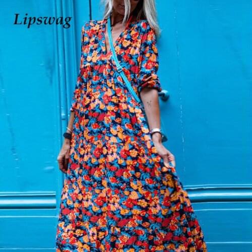Elegant V Neck Printed Party Long Dress Lady Fashion Long Sleeve Lady Maxi Dress Women Casual Loose Spring Autumn Dress Vestido