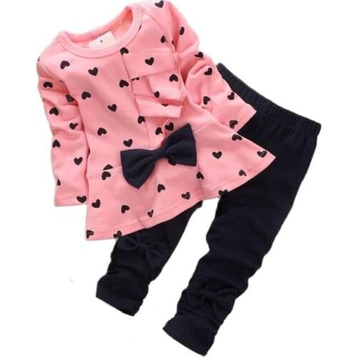 2Pcs Childrens Clothes Sets Baby Girls Heart Print Bow Long Sleeve Pullover Top+Long Pants Spring Baby Clothing Outfits 2-5Y