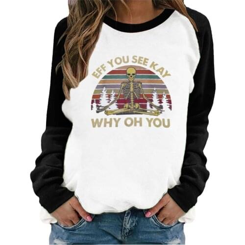 Summer 2021 Tshirt Ladies Humor Skull Patchwork Pullover Oversized Basic Crew Neck T-shirts Korean Long Sleeve T Shirt Рубашки