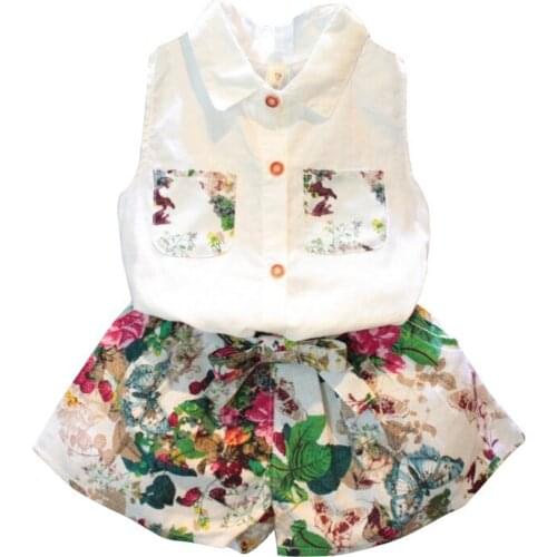 Summer Casual Kids Baby Girls Sleeveless Shirt Tops + Floral Shorts 2pcs Children Suits Newest f