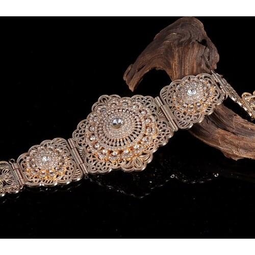 Moroccan Abaya Belt Floral Waist Chain for Women Round Crystal Folk Wedding Bride Gift Rhinestone Abaya Wedding Belly Chain