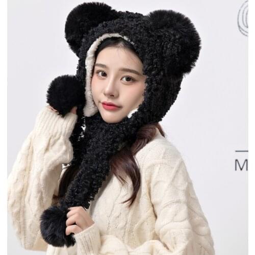 New Women Cute Bear Hat High Quality Add Fur Lined Loosely Ears Winter Hat Stylish Wool Knitted Beanie Hats For Women Warm Cap