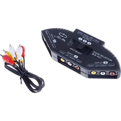 New 3-Way Audio Video AV Switch Box RCA Black Switch Selector Box Splitter with 3RCA Cable for All Standard AV Devices
