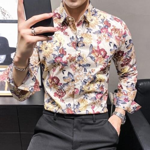 New Spring Men Slim Floral Print Long Sleeve Shirts Fashion Brand Party Holiday Casual Dress Flower Shirt Homme Plus Size 5XL