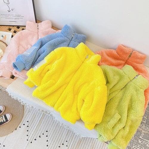 Girls Autumn Winter Fashion Jacket Girl New Pure Color Lamb Wool Plus Velvet Thick Warm Sweater 3-7 Years Baby All-Match Top