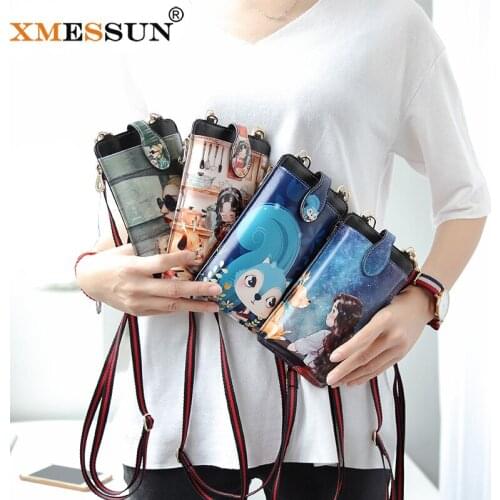 XMESSUN New Cartoon Print Phone Bag Fashion Women Card Pack Shoulder Leather Wallets Women Hanging Neck Credit Card Holder F169