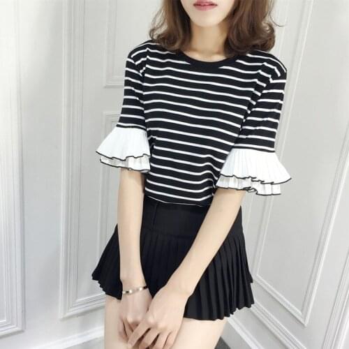 U-SWEAR 2020 New Arrival Fashion Sweet Women T-Shirt Striped Half Sleeve Ruffles Butterfly Sleeve Slim Fit Female Tops T-Shirt