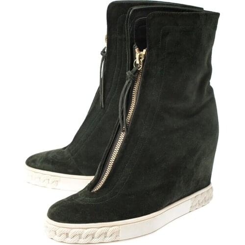 Fashion Army Green Suede Front Zipper Ankle Boots Roman Style Ladies Height Increased Heel Martin Boots Short Bottines