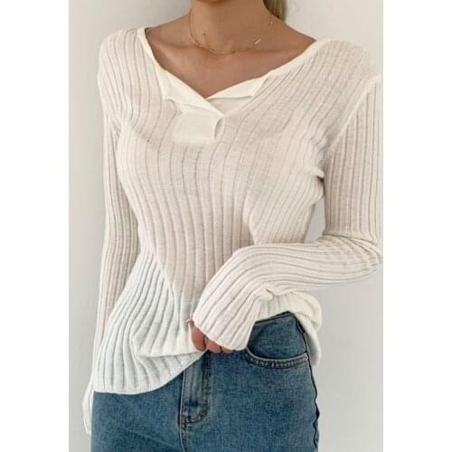 White Black Jumpers V Neck 2021 Pollover Korean Thick Knitted Solid Autumn Sweater Woman Loose Cute Tops Fall Clothes for Women