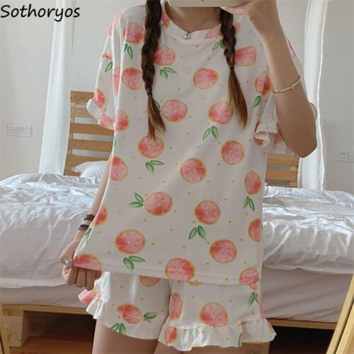 Women Fruit Printed Pajama Sets O-neck Short Sleeve Tops Ruffles Shorts Fresh Sweet Girls Sleepwear Cozy Teenagers Female Lounge