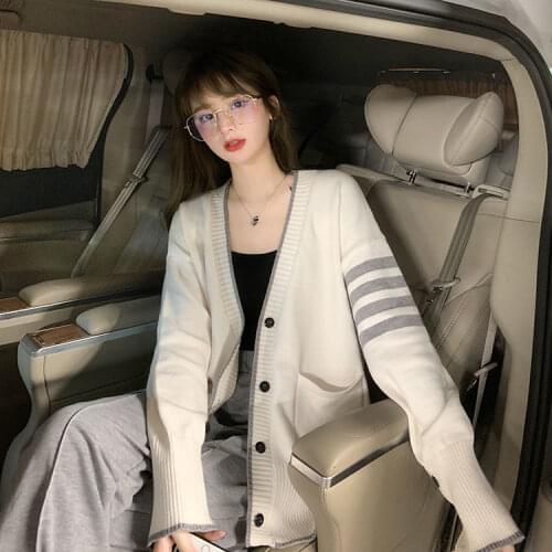 Woman Sweaters Cardigan Loose V-Collar Contrast Color Striped Casual Sweater Cardigan Outer Wear Sweater Top Women