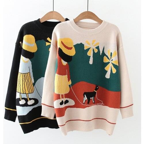 New autumn Oversize Lazy Wind Cartoon jacquard Sweater Womens New Long Sleeve Knit Pullover Tops sweater mujer invierno 2021