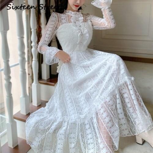 2021 New Womans Dress White Lace patchwork long sleeve sweet casual maxi dress female party autumn vestido beading button