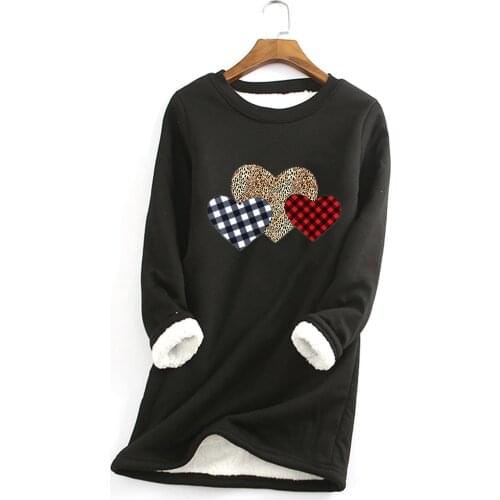 Winter Women Thick Fleece Sweatshirt Velvet Warm Heart-shaped Print O-neck Blouse Underwear Tops Толстовка Женская 2021 #T1G