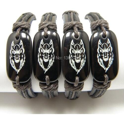12pcs Imitatation Yak bone Resin Carved Totem Wolf Leather Bracelet Amulet Gift MB03