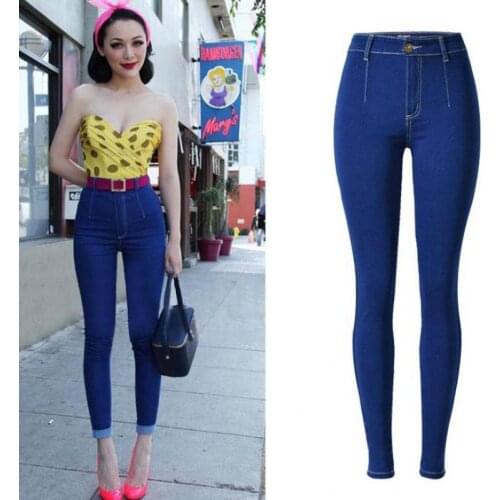 2021 Candy Color High Waist Slim Elastic Leggings Skinny Denim Pants 2021 Dark Blue Washed Elastic Slim Pencil Trousers