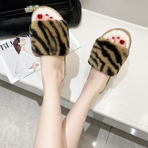 2021 Fashion Winter Warm Girl Zebra Solid Basic Womens Slipper Platform Home Indoor Sexy Ladies Shoes Faux Fur Flip-Flops