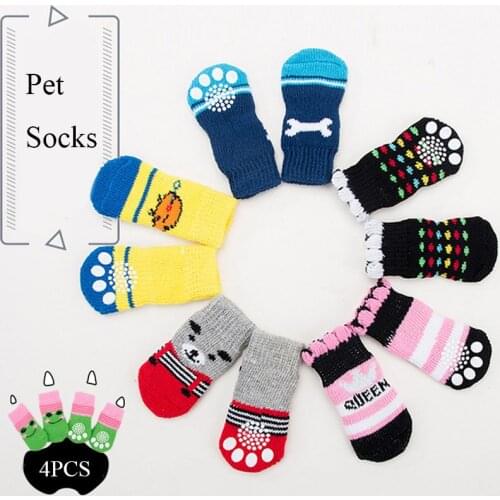 4Pcs Warm Puppy Dog Shoes Soft Pet Knits Socks Cute Cartoon Anti Slip Skid Socks For Small Dogs Breathable Pet Products S/M/L