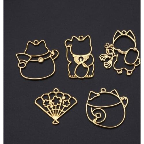 97QE 5Pcs Fortune Cat Metal Frame Pendant Open Bezel Blank Setting UV Resin Jewelry