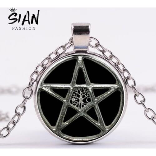SIAN Supernatural Antique Pentagram Tree of Life Wicca Necklace Silver Color Chain Pagen Amulet Pendant Necklace Vintage Jewelry