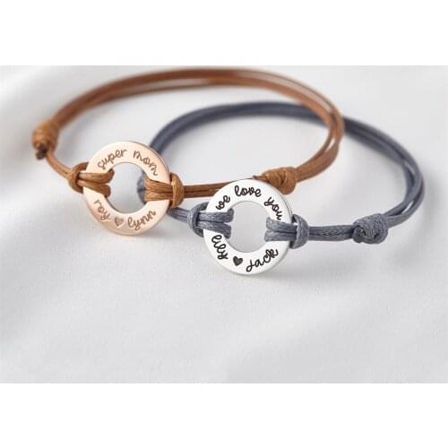 Tangula Personalized Rope Adjustable Bracelet Custom Name Circle Stainless Steel Bracelet for Her Best Gift