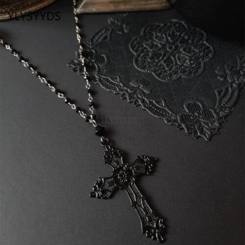 Gothic Black Cross Rosary Necklace Chain Pendant Witchy Victorian Alternative Punk Witchy Punk Statement Rock Jewelry Women Gift