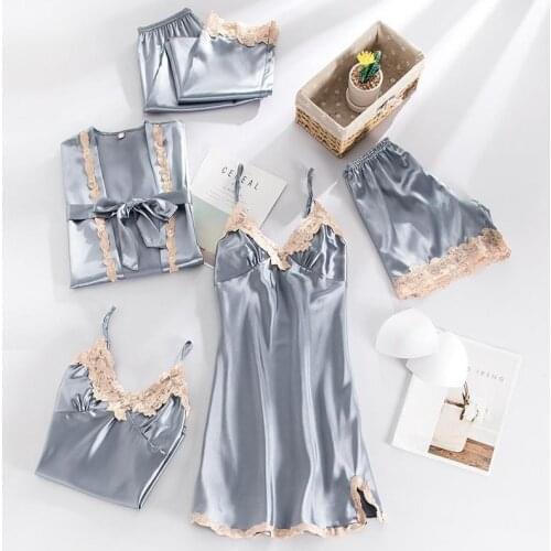 Women Sleepwear 5PCS Robe Set Sexy PJS Suit Intimate Lingerie Lounge Wear Faux Silk Pajamas Satin Kimono Bathrobe Gown
