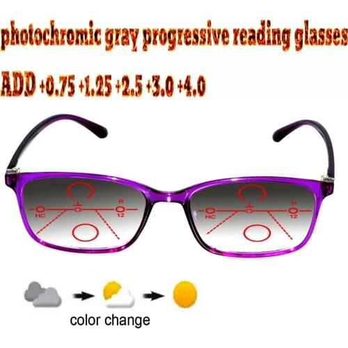 Photochromic Gray Progressive Multifocal Reading Glasses Women ladies Ultralight violet Frame+1 +1.5 +1.75 +2.0 +2.5 +3 +3.5 +4