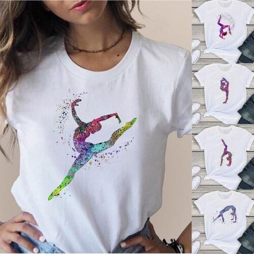 Gymnast Dancer T-Shirt Femme Watercolor Rainbow Gymnastics Art tshirt Women Summer White Tee Shirt Tops Cloth Streetwear Hipster