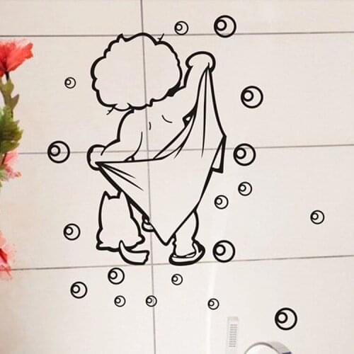 1pcs Lovely Kid Taking A Bath Wall Sticker Bathroom Lovely Removable Black Art Stickers For Tiles Glasses Wall Decals