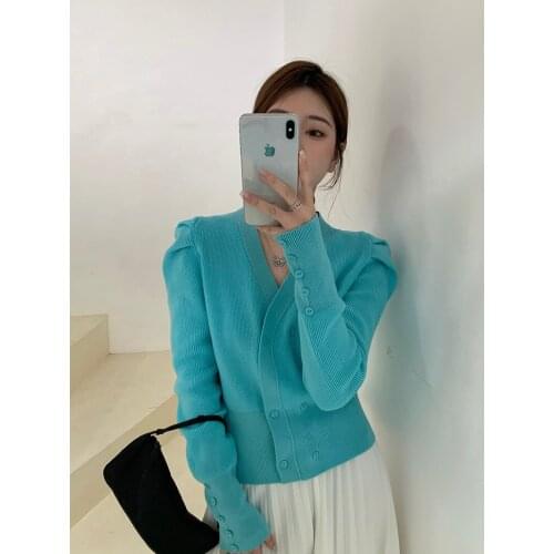 Korean Autumn New Knitted V Neck Long Sleeve Button Double Breasted Sweaters Cardigans Women Fashion Streetwear 2020