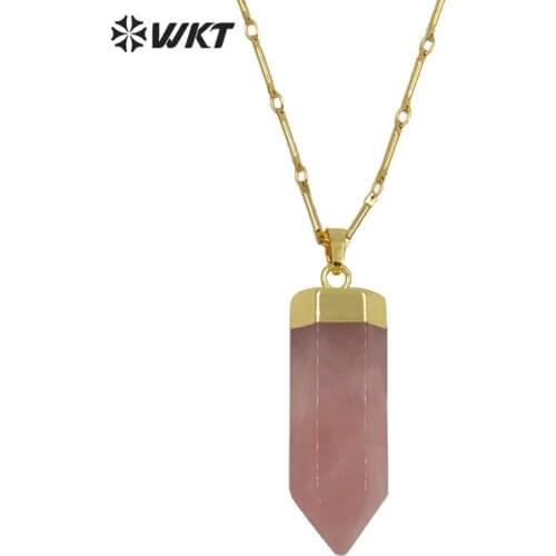 WT-N1144 Natural Rose Crystal In Pencil Point Shape Gold Capped Pink Quartz Pendant With 18''Inch Boho Necklace Bridel Jewelry