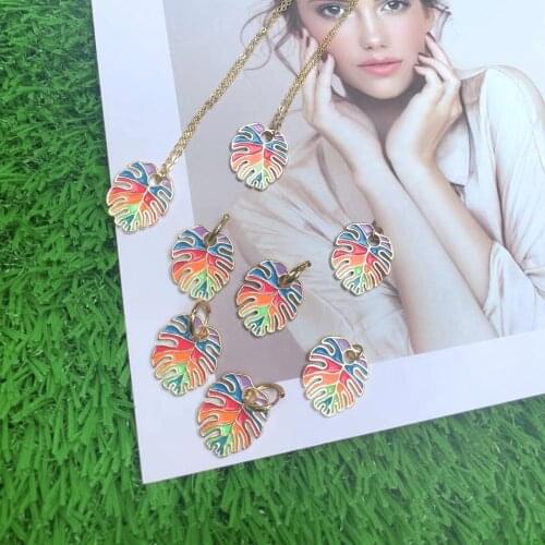 10Pcs Trendy rainbow color leaves pendant necklace, enamel charm gold o chain necklace jewelry for vintage girls women