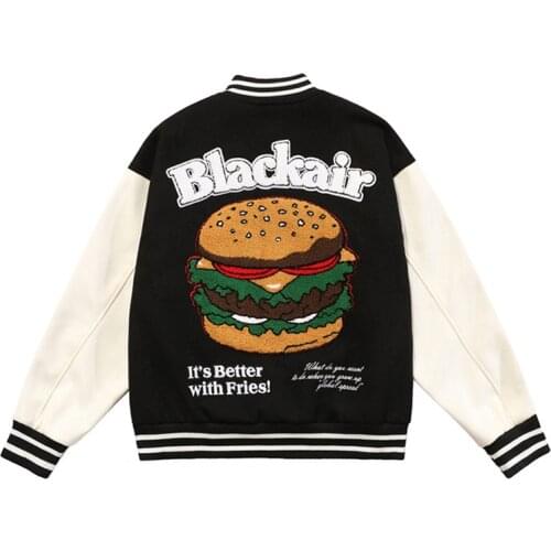Mens Patchwork Baseball Jacket Hip Hop Streetwear Harajuku Funny Hamburger Embroidery Jackets 2021 Cotton Bomber Coat Outwear