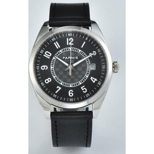 Parnis 40MM Sapphire Mens Automatic Watch Japan Miyota 8215 Black Face Leather Band Date Calendar Pull/Push Crown New Arrival