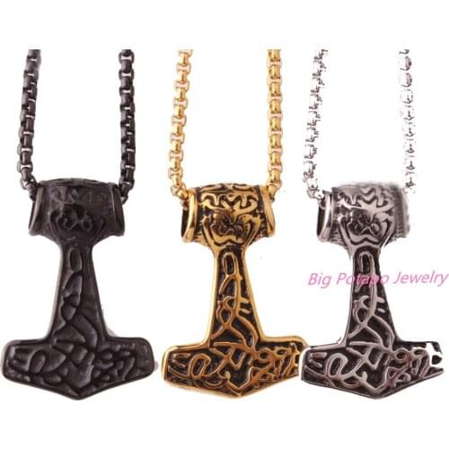 Men Choker Necklaces Gothic Thor Hammer Stainless Steel Mens Pendants Collar Vikings Punk Jewelry 24 Inch Box Chain New Year