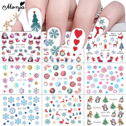 Monja 30Pcs/Set Christmas Series Water Transfer Nail Art Sticker Santa Snowflake Snowman Xmas Tree Pattern Watermark Nail Decals