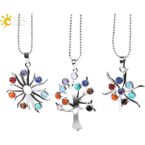 CSJA Reiki Natural 7 Chakras Beads Energy Tree of Life Necklaces & Pendants OM Yoga Symbol Tiger Eye Lapis Lazuli Jewellery E815