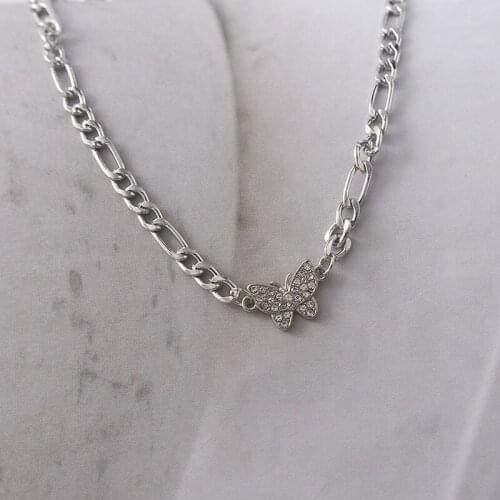 Origin Summer Textured Butterfly Rhinestone Pendant Necklace for Women Silver Color Asymmetric Chunky Chain Necklace Jewelry
