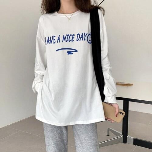 Casual Mid-length T-shirt Fashion Printing Korean Style Loose Long-sleeved Bottoming Shirt Women Simple Qm