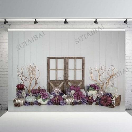 Pumpkin Backdrop for Photography Flowers Wood Door Background White Wall Newborn Baby Shower Birthday Party Photocall Vinyl