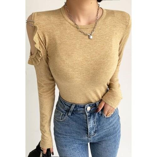 Autumn Pullover Bottoming Shirt Fashion Chains Off Shoulder Knitted Sweater Women Ruffle Hollow Out Long Sleeve Tee Top Camiseta