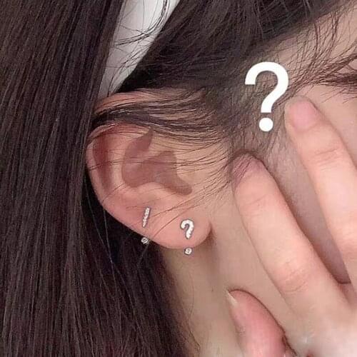 100% 925 sterling silver minimal girl women jewelry question mark exclamation point cz double sided silver 925 earring lovely