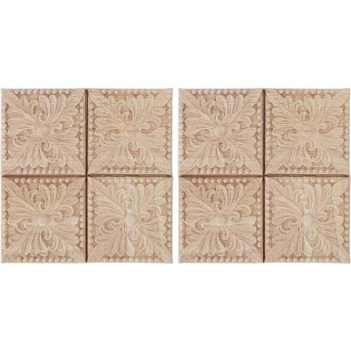 8Pcs Wood Carved Appliques,Wood Onlays Carving Checkered Unpainted Decal for Door Bed Cabinet Cupboard Furniture Decor