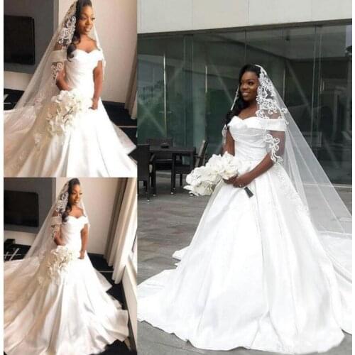 Satin Ruffles Off the Shoulder Wedding Dresses Ruched Princess African Bridal Gowns Elegant Puffy Gowns 2022